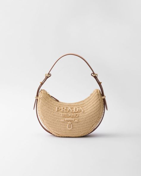 Natural Prada Arqué Woven Fabric Shoulder Bag | PRADA Prada Hobo, Neutral Bag, Crochet Shoulder Bags, Crochet Shoulder Bag, Ballerina Slippers, Lettering Logo, Raffia Bag, Silver Jewelry Fashion, Messenger Bag Backpack