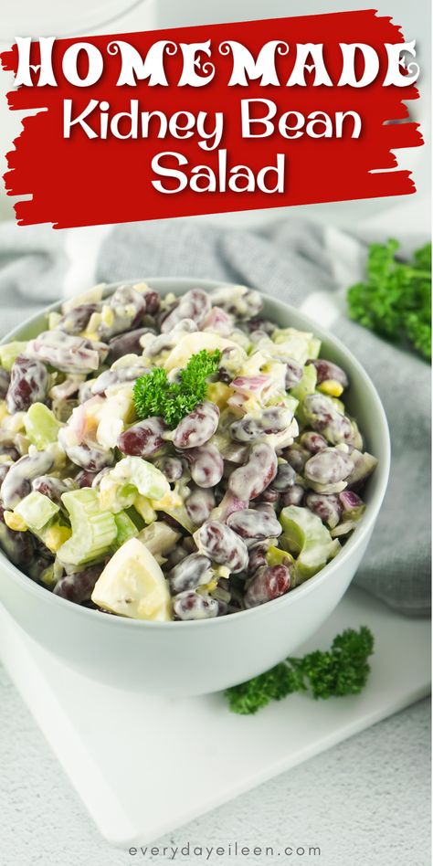 Old Fashioned Kidney Bean Salad - Everyday Eileen Kidney And Garbanzo Bean Salad, Bean Salad With Mayonnaise, Kidney Bean Salad With Mayo, Salads With Kidney Beans, Creamy Bean Salad Recipes, Kidney Bean Salad Recipes Healthy, Old Fashioned Kidney Bean Salad, Old Fashioned Bean Salad, Creamy Kidney Bean Salad