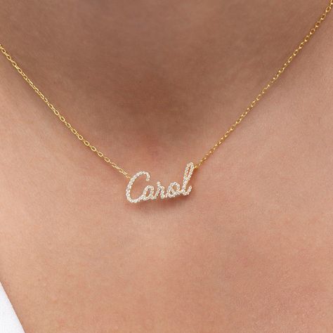 This 14k personalized diamond name necklace is the perfect gift for the bridal party, someone special, or yourself. How to order 1- Pick the fonts you like and send us a message 2- We will send you a picture of your name with the fonts you chose 3- If you like it any of them, place your order. 4- We send a final 3d mock up for approval. 5- Once approved we go ahead and finish your necklace. __________________________________________ M A T E R I A L & L E N G T H Available in 14k Yellow Gold, 14k Diamond Name Necklace, Gold Diamond Jewelry, Special Jewelry, Dream Jewelry, Quality Diamonds, Eternity Bands, Name Necklace, Mock Up, Your Name