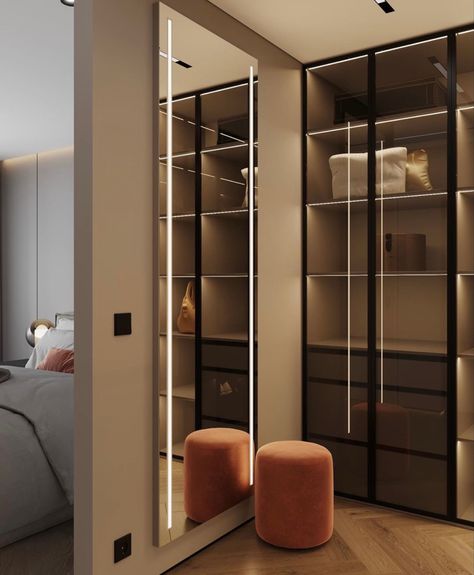 Bag Display Cabinet, Glass Wardrobe Design, Small Walkin Closet, Closet With Vanity, Room Improvement, Small Bedroom Inspiration, 2024 Bedroom, Glass Wardrobe, Closets Design