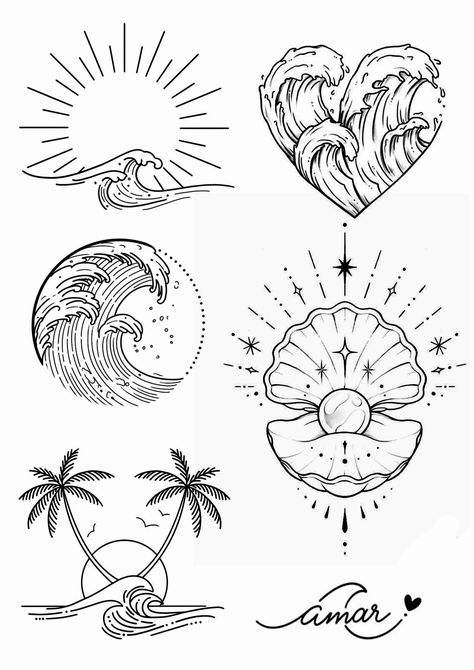 Ocean Wrist Tattoos For Women, 90s Tattoo Flash Sheet, Flash Tattoo Feminina, Ocean Tattoo Design, Mexico Tattoo Ideas, Ocean Inspired Tattoos, Palm Size Tattoos, Art Class Posters, Butterfly Tattoo Stencil