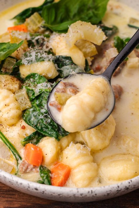 Sausage Gnocchi Soup Gnocchi Stew, Creamy Sausage Gnocchi, Sausage Gnocchi Soup, Carrot And Celery Recipes, Italian Sausage Meatballs, Sausage Gnocchi, Pizza Sides, Gnocchi Recipes Soup, Feast Recipes