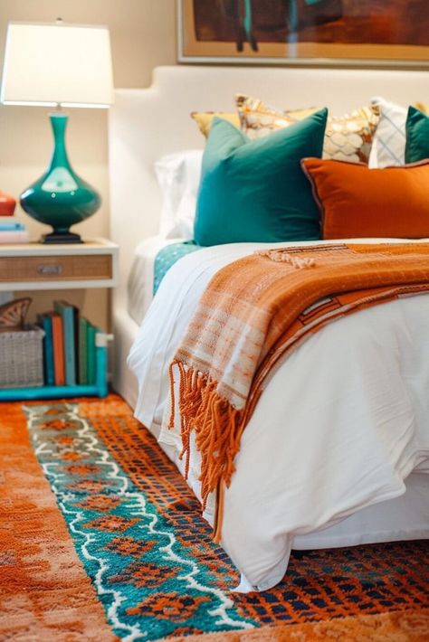 10 Orange Bedroom Ideas That Will Make You Forget All About Neutral Palettes Bedroom With Orange Bedding, Gray And Orange Bedroom, Orange And Blue Room, Soft Orange Aesthetic, Orange Bedroom Walls, Orange Bedroom Ideas, Orange Bedroom Decor, Orange Accent Chair, Sunshine State Of Mind