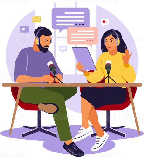 People recording podcast in studio flat vector illustration. Podcaster talking to microphone recording podcast in studio. Radio host with table. Recording Podcast, Radio Host, Studio Flat, Flat Vector Illustration, Flat Vector, Business Design, Podcast, Chibi, Vector Illustration