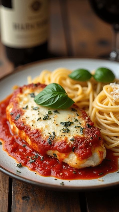 Baked Chicken Parmesan with Spaghetti Chicken Parmesan With Spaghetti, Pasta Substitute, Gluten Free Panko, Make Garlic Bread, Hearty Casseroles, Baked Chicken Parmesan, Veggie Pasta, Small Meals, Zucchini Noodles