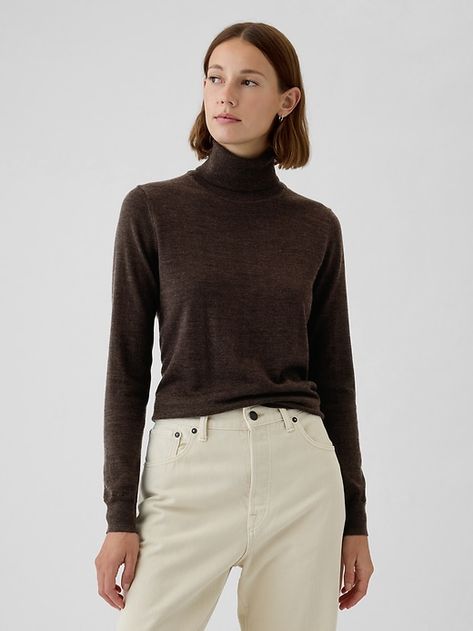 Merino Turtleneck Sweater Classic Gap Tops For Fall, Brown Classic Long Sleeve Turtleneck, Classic Brown Long Sleeve Turtleneck, Classic Brown Funnel Neck Turtleneck, Merino Wool Long Sleeve Turtleneck For Fall, Wool Turtleneck Polo Sweater For Fall, Fall Wool Turtleneck Polo Sweater, Long Sleeve Merino Wool Turtleneck For Fall, Wool Turtleneck For Fall