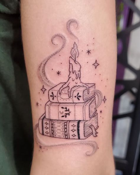 Book Of Spells Tattoo, Book Witch Tattoo, Books Stacked Tattoo, Magical Book Tattoo Ideas, Book Of Life Tattoo Ideas, Ghost And Book Tattoo, Pumpkin Book Tattoo, Fairytale Book Tattoo, Stack Of Books Tattoo Design