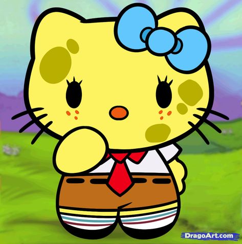 Spongebob Hello Kitty Spongebob Characters Drawings, Hello Kitty Step By Step, How To Draw Spongebob, Draw Spongebob, Altered Reality, Tapeta Hello Kitty, Silly Kitty, Kawaii Wallpapers, Hello Kitty Imagenes