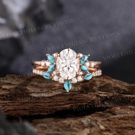 Moissanite Engagement Ring Set Oval Cut Moissanite Wedding Ring Set Marquise Cut Turquoise Ring Rose Gold Turquoise Band Promise Ring Set ⨞Handmade item                                                                                                       ⨞Materials: 14k, 18k Gold, Rose gold, White gold Ring size can be choose from the selection box. ⨞Engagement ring -Center Stone - Moissanite  Shape -Oval Cut  Size -6*8mm -Side Stones - Moissanite & Turquoise  Shape -Round & Marquise Cut  Weight Silver And Turquoise Engagement Ring, Diamond And Turquoise Engagement Ring, Turquoise Engagement Ring, Turquoise Wedding Rings, Turquoise Wedding Band, Turquoise Ring Engagement, Moissanite Wedding Ring Set, Moissanite Engagement Ring Set, Promise Ring Set