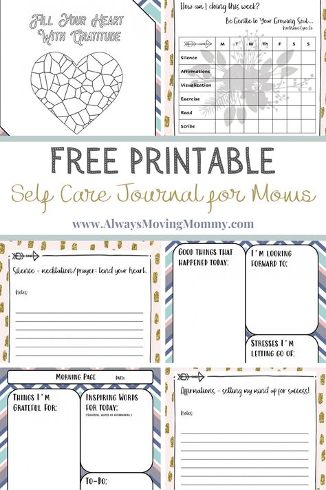 Free Printable Self Care Journal for Moms • Always Moving Mommy Free Printable Gratitude Journal Pages, Journal Worksheets Free Printable, Printable Self Care Journal, Gratitude Worksheet Free Printable, February Activities For Adults, Self Care Printable Free, Gratitude Printable Free, Therapy Journal Template, Wellness Planner Free Printables