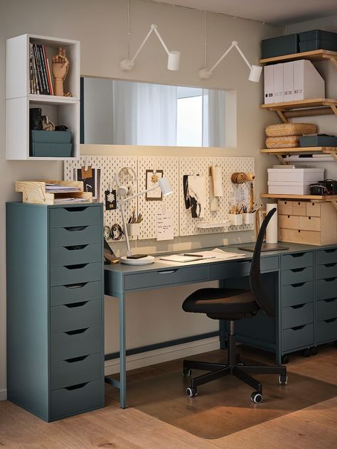 ALEX desk, grey-turquoise, 132x58 cm - IKEA Ikea Alex Desk Gray Turquoise, Ikea Closet Desk, Alex Desk Ikea Ideas, Ikea Alex Craft Room, Art Studio Ikea, Ikea Alex Drawers Desk, Alex Ikea Desk, Ikea Art Studio, Alex Drawer Desk