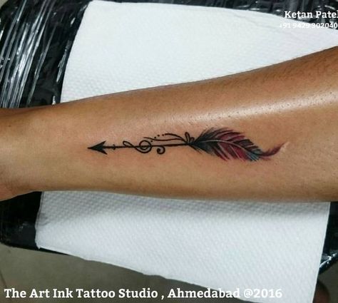 Feather Arrow Tattoo, Tattoo Arrow, Music Note Tattoo, Note Tattoo, Text Tattoo, Arrow Tattoo, Arrow Tattoos, Feather Tattoo, Music Tattoos