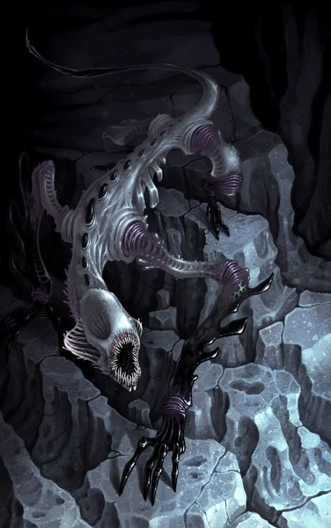 Leviathan Creature Design, Reptilian Monster Art, Abyssal Creatures Art, Worldbuilding Creatures, Underdark Creatures, Underdark Art, Sea Horror, Cave Monster, Alien Monster