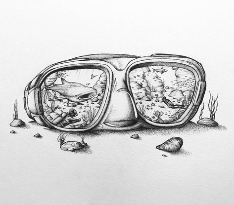 No photo description available. Goggles Drawing, Underwater Drawing, Hair Stenciling, Sea Drawing, Underwater Sea, Drawing Journal, Small Drawings, Realism Tattoo, Pencil Art Drawings