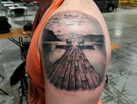 Dock Tattoo, Rustic Fishing Decor, Fishing Tattoos, Fly Fishing Tattoo, Father Son Tattoo, Fishing Tattoo, Lake Tattoo, Sunset Tattoo, Redemption Tattoo