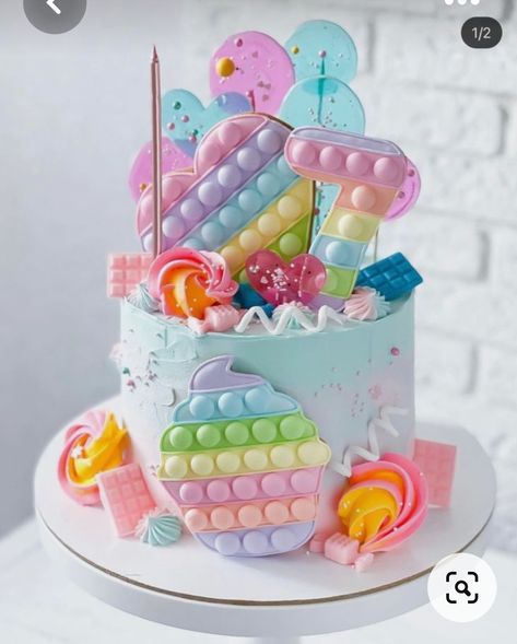 Popit Party Ideas, 7 Year Birthday Cake, Pop It Cake Birthday, Birthday Cake For 8 Year Girl, Fidget Birthday Cake, Pop It Birthday Cake, Popit Birthday, Candy Theme Cake, Latest Cake Design