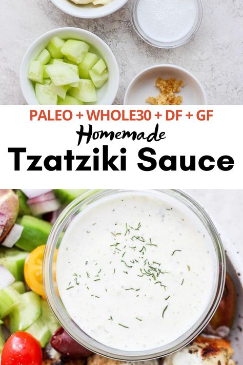 Vegan Tzatziki Sauce, Easy Tzatziki Sauce, Easy Tzatziki, Cucumber Yogurt Sauce, Dairy Free Sauces, Cucumber Sauce, Tzatziki Sauce Recipe, Vegan Tzatziki, Homemade Tzatziki Sauce