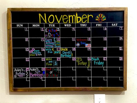 This is a chalkboard from Hobby Lobby. I decorated the board for the month of November using Loddie Doddie Chalk markers. This allows me to highlight important dates and keep my schedule organized in a fun way. Calendar Ideas November, Chalk Calendar Ideas, November Chalkboard Art Calendar, Chalkboard Art Calendar, November Chalkboard Art, November Chalkboard, Blackboard Calendar, November Calendar Ideas, Chalk Calendar