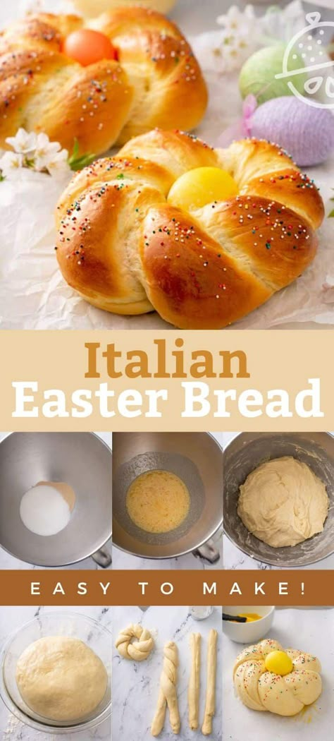 This traditional Italian Easter Bread recipe makes the most tender braided wreaths of soft, tender and slightly sweet yeasted bread. Decorated with colorful eggs and sprinkles, this Italian bread loaf is a great addition to your Easter festivities. #easter #italian #recipe #bread #baking #yeast #lemonblossoms #eastereggs Flavored Icing, Flavored Bread, Italian Easter Recipes, Easter Deserts, Easter Bread Recipe, Italian Easter Bread, Simple Bread, Italian Easter, Easter Dishes