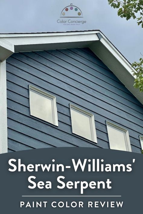 Sea Serpent Exterior Paint, Sherwin Williams Sea Serpent Exterior, Sw Sea Serpent Coordinating Colors, Mid Century Modern Paint Colors, Sherwin Williams Color Schemes, Dark Blue Paint Color, Exterior Paint Color Schemes, Interior Accent Wall, Best Blue Paint Colors