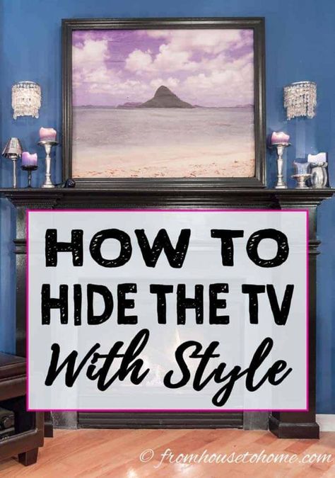 These ideas for how to disguise or hide the TV are awesome! Whether your TV is over the fireplace, on a wall or in the living room one of these ways to make a TV cover up will help keep the television out of sight. Tv In Cottage Living Room, Picture Hiding Tv, Hiding A Tv Over A Fireplace, Tv In Living Room Ideas Wall Mounted Tv, Hiding Tv On Wall, Tv Cover Up Hide Tv, How To Hide Tv, Tv Hanging On Wall Ideas, Living Room Television Wall Ideas