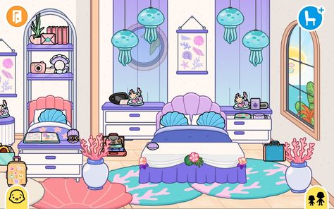 Toca Boca Room Ideas Mermaid House, Toca Boca Mermaid House, Toca Boca Romantic Beach House Ideas, Toca Boca Beach House Ideas, Romantic Beach House, Ocean Bedroom, Mermaid Bedding, Pic Code, Beach House Bedroom