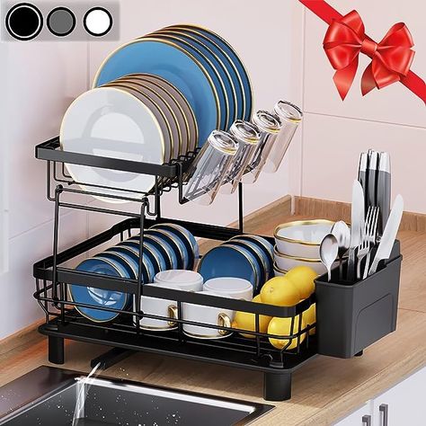 Dish Drying Rack for Counter with Removable Utensil Holder,Drainboard and Swivel Spout(Black,2 Tier) Organiser Cucina, Kitchen Dish Rack, Kitchen Sink Storage, Dish Storage, Dish Drying Rack, Shelving Racks, Cutlery Holder, Dish Rack, Dish Drainers