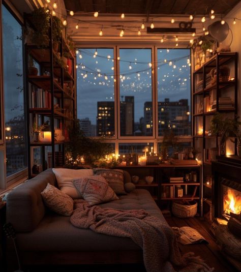 Cozy Loft Space, Dim Light Living Room, Snug Aesthetic, Comfy Home Aesthetic, Cottage Living Rooms Cozy, Fairy Lights Living Room, Small Cozy Room, Warm Room Aesthetic, Cosy Home Interior