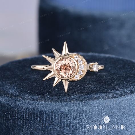 🌙 Product Details

-Center Stone: Morganite, 5mm, Round Cut
-Accent Stone: Moissanite, 0.07CT Total
-DEF/VVS-VS

-Ring Band: 1.8mm

-Metal Choice: 10K, 14K or 18K Solid Gold (Rose, White, or Yellow) and Platinum

**Handmade in the US!!! The making process is about 3-4 weeks!!

🌙 MoonLandUS Service Available
- Accept return and exchange for normal orders. All returns are now eligible for a full refund!
- Free Shipping within the USA with a tracking number.
- Custom Made To All Sizes. Moon And Sun Engagement Ring, Sun And Moon Engagement Ring, Sun And Moon Wedding Rings, Sun And Moon Themed Wedding, Sun And Moon Wedding Theme, Sun Engagement Ring, Vintage Celestial Wedding, Celestial Wedding Ring, Engagement Ring Moon