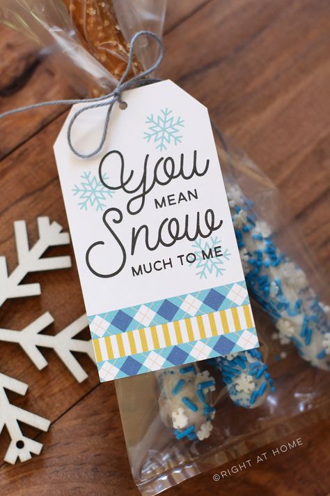 Snowflake Name Tags, Name Tags Ideas, Snowflake Tags, Cheap Teacher Gifts, Diy Crafts Ideas, Dipped Pretzels, Tags Ideas, Teacher Gift Printables, Kindergarten Gifts