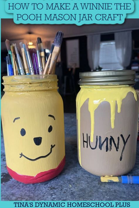 10 Creative Mason Jar Crafts | How to Make a Winnie the Pooh Craft. Jars are useful for so many things, not the least of which is mason jar crafts. I love turning them into functional storage. Or make it with an artful twist, a cute little lantern, or using them for science activities. Winnie the Pooh is a classic beloved children’s series that still maintains its popularity. Are you a fan of the more vintage, muted book? Birthday Mason Jar Ideas, Things To Do With Small Jars, Craft With Jars, Paint Jar Ideas, Mason Jar Crafts Diy Homemade Gifts, Cute Mason Jar Painting Ideas, Cute Jar Ideas, Mason Jar Diy Decor, Painting Jars Ideas