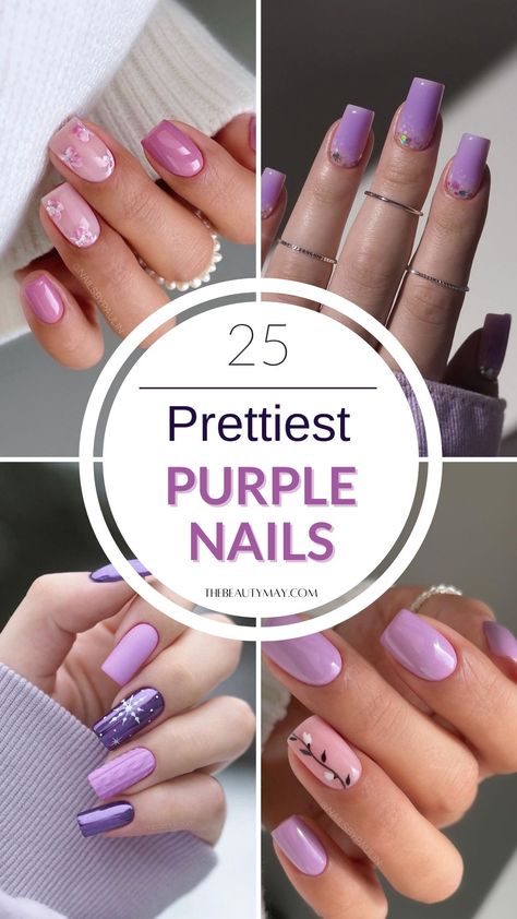 25 Dreamy Purple Nails For A Whimsical Manicure Lavender Dip Nails Design, Light Purple Wedding Nails For Bride, Purple September Nails, Wisteria Nails Wedding, Purple Nail Designs Gel, Squoval Acrylic Nails Purple, Pretty Purple Nail Designs, Natural Purple Nails, Pinky Purple Nails