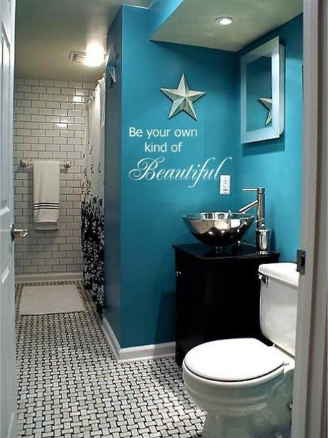 Beautiful teal bathroom wall with black and white flooring with wall mural stating "Be Your Own Kind of Beautiful" Teal Bathroom, Smart Tiles, Diy Casa, Girls Bathroom, Hus Inspiration, Coastal Chic, Chic Bedroom, Hem Design, Deep Teal