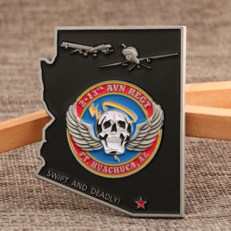 The tone of 2-13 th AVN REGT Air Force Challenge Coins is black. Two unmanned aircrafts shows on the top of obverse, a terrible skull with a pair of wings is presented at the center which stands for “SWIFT AND DEADLY!” This pattern naturally reflects they are custom military coins.  #coins#cheapcoins#challengecoins#customcoins#coinsmaker#militarycoins#awardcoins Logo Challenge, Military Coins, Custom Coins, Sale Logo, Free Artwork, Challenge Coins, Metal Pins, Lapel Pins, Customized Gifts