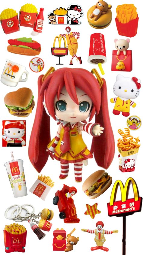 Kawaii Mcdonalds, Mcdonalds Anime, Mcdonalds Miku, Japanese Mcdonalds Food, Mcdonald’s Miku, Cutecore Mcdonalds, Mcdonald's Aesthetic, Bambi Art, Miku Cosplay