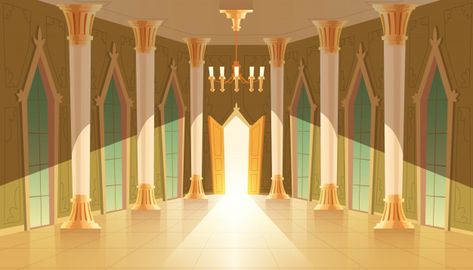 Castle hall, interior of ballroom for dancing, presentation or royal reception. Free Vector Room With Chandelier, Castle Hall, Royal Ballroom, Medieval Palace, Royal Doors, Wizard Of Oz Musical, Castle Background, Big Room, Door Light