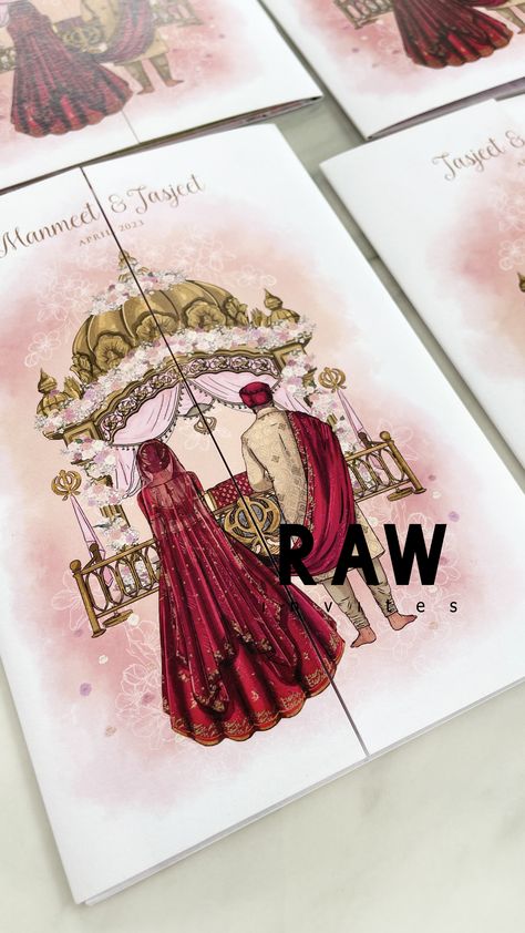 Embrace Tradition: Our Unique Sikh Wedding Invitation! 🙏✨ Featuring a hand-drawn Sikh couple in traditional attire, framed by the elegance of a Gurdwara, all in soft pastel hues. Celebrate your love story with this exquisite invitation. Wedding Card Punjabi, Punjabi Wedding Card Designs, Unique Wedding Card Design, Unique Invitation Card, Sikh Couple, Sikh Wedding Invitations Cards, Wedding Challenge, Sikh Wedding Card, Sikh Wedding Invitation