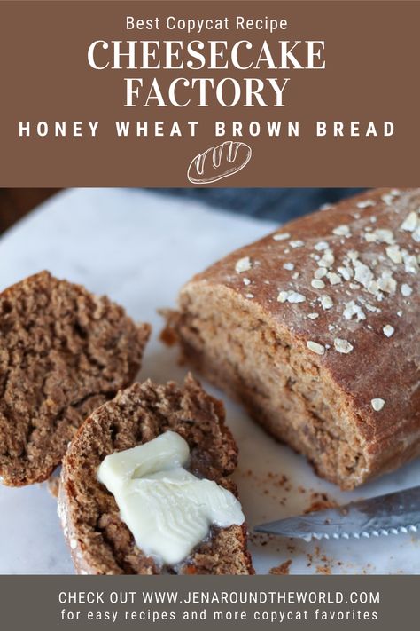 If you have ever been to the Cheesecake Factory to eat and have scarfed down basket after basket of their delicious honey wheat bread, then you will be excited to hear about my newest recipe — Copycat Cheesecake Factory Honey Wheat Bread. Honey Rye Bread Recipe, Cheesecake Brown Bread Recipe, Honey Brown Bread In Bread Machine, First Watch Bread Recipe, Bread Machine Brown Bread, How To Make Brown Bread, Brown Sugar Bread Recipes, Cheesecake Factory Brown Bread Recipe, Cheesecake Factory Brown Bread Machine