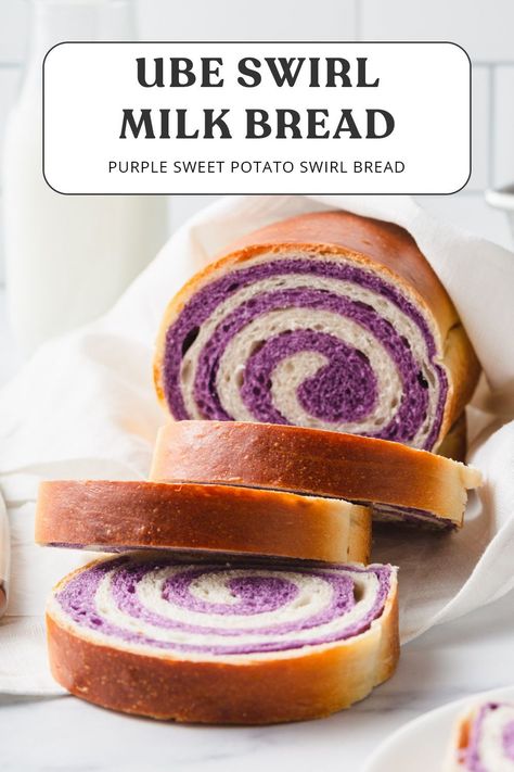 Perfect for breakfast or brunch, this Ube Swirl Milk Bread will leave your stomach and baking goals satisfied. Super light and fluffy, this bread is a delicious aesthetic companion to your next bite that's easy and fail proof. #UbeRecipes #UbeBread #BreakfastRecipes #Swirlbread #nofailbread Purple Bread, Bread Aesthetic, Sweet Potato Powder, Ube Recipes, Milk Bread Recipe, Swirl Bread, Purple Sweet Potato, Purple Yam, No Rise Bread