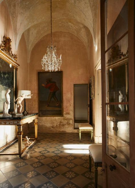 An Italian Nobleman’s Villa Is Restored to Its Former Glory Italian Palazzo Interior, Old Italian Aesthetic House, Italian Revival Home, Italian Mansions Interior, Old Italian House Aesthetic, Italian Villa Aesthetic Interior, Italian Architecture Interior, Italian Foyer, Italian Interior Design Tuscan Decor