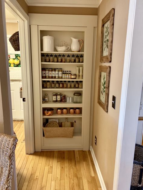 Murphy Door Kitchen Pantry, Murphy Door Pantry, Farmhouse Spice Cabinet, Spice Rack In Pantry Door, Spice Shelf Door, Barn Door Spice Rack, Door Bookshelf, Cottage Core Spice Rack, Door Spice Rack