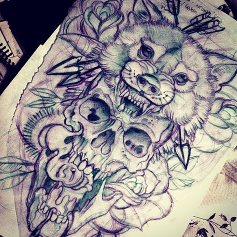 Derek Turcotte on Instagram: “Sketch fer a full torso piece , #tattoosketch #tattoo #tattoofightclub” Wolf And Skull Tattoo, Wolf With Skull, Sick Tattoo, Tattoo Zeichnungen, Desenho Tattoo, Tattoo Art Drawings, Wolf Tattoos, Tattoo Sketch, Wolf Tattoo