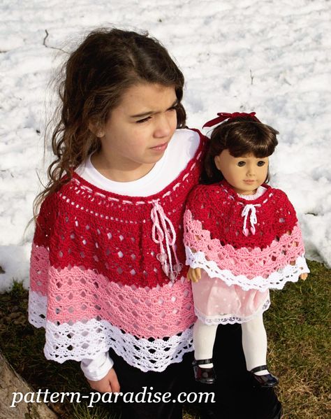 Free crochet pattern for girls poncho wrap jacket and doll poncho #crochet… Crochet Poncho Patterns Kids, Crochet Poncho Kids, Shawls Crochet, Cape Crochet, Crocheted Sweaters, Crochet Vests, Poncho Patterns, Crochet Doll Clothes Patterns, American Girl Crochet