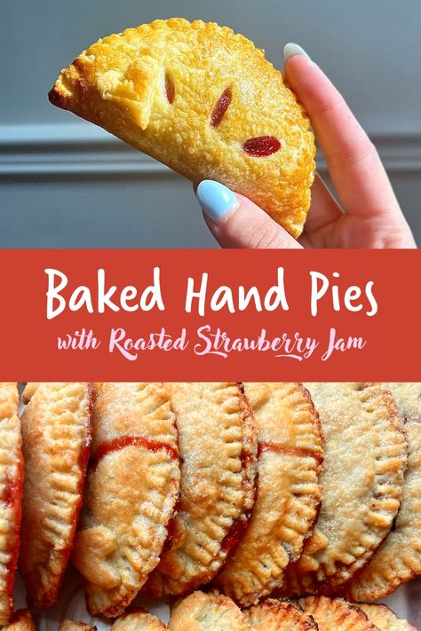 Baked Hand Pies with Roasted Strawberry Jam. Easy to make, handheld pies for summer picnics and celebrations… or just because! A delicious use of summer strawberries at their peak. Hand Held Pies Desserts, Baked Hand Pies Recipes, Strawberry Pie Recipe Easy, Baked Hand Pies, Handheld Pies, Hand Held Pies, Easy Hand Pies, Pie Crust With Butter, Strawberry Hand Pies