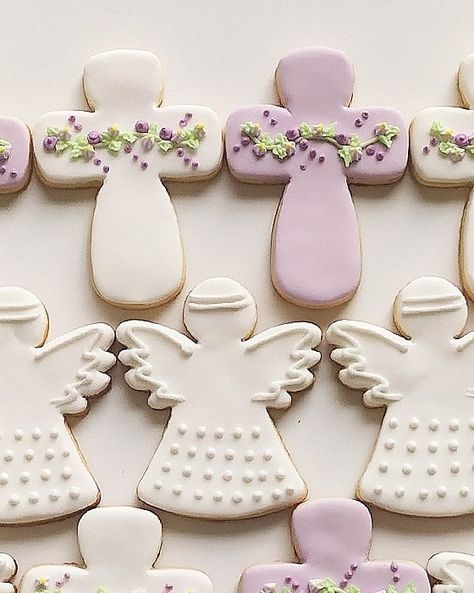 Cookies Comunion, Cookies Bautismo, Easter Sugar Cookies Decorated, Angel Cookies, Recuerdos Primera Comunion Ideas, Cross Cookies, Baptism Cookies, Primera Comunion Ideas, Cookies Decoradas