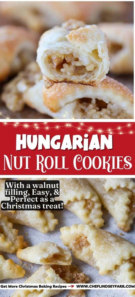 These Hungarian Nut Roll Cookies are a flakey, cream cheese pastry wrapped around a homemade walnut filling. The filling is sweet, crunchy, and caramelized around the edges! Hungarian Nut Roll Recipe, Nut Roll Cookies, Hungarian Nut Roll, Kolaczki Cookies Recipe, Cookies Walnut, Hungarian Cookies, Nut Roll Recipe, Nut Roll, Cream Cheese Pastry