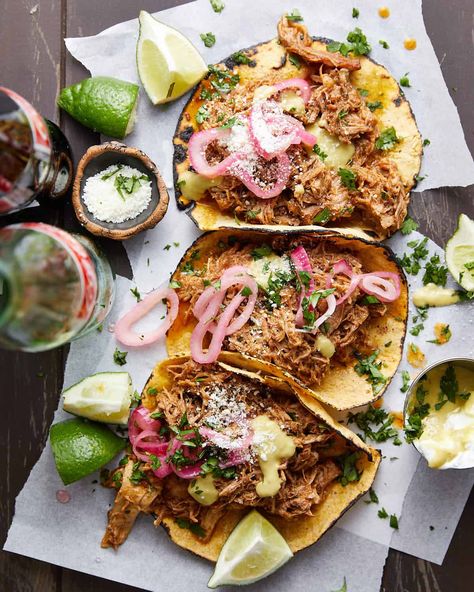 Pulled Pork Street Tacos (Carnitas) - Bites with Bri Traditional Carnitas Recipe, Pulled Pork Street Tacos, Bri Aesthetic, Pork Street Tacos, Croissants Breakfast, Street Taco Recipe, Mexican Pulled Pork, Pork Bites, Carnitas Tacos