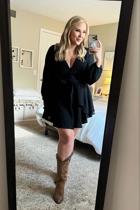 Black Dress With Cowgirl Boots, Black Concert Dress, Dress Western Boots, Western Wedding Guest Outfit, Black Dress With Boots, Country Concert Dress, Amazon Wedding Guest Dress, Dress With Cowgirl Boots, Country Concert Outfit Fall