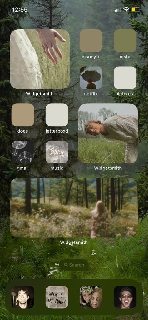 Green Dreamy Aesthetic, Taylor Swift Home Screen, Aesthetic Ios 16, Taylor Swift Home, Folklore Forest, Future Phone, Granola Aesthetic, Iphone Layouts, Dreamy Aesthetic