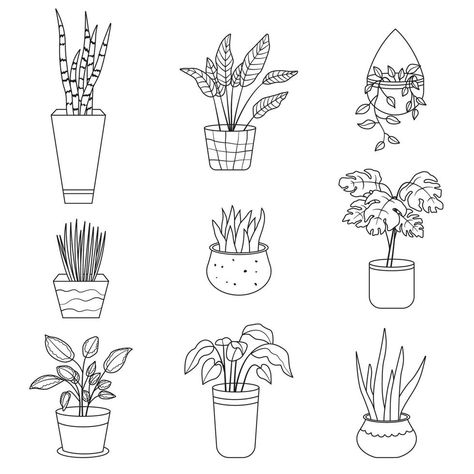 House Plants Drawing, Plant In A Pot Drawing, Plant Outline Drawing, Potted Plant Sketch, Plant Pot Tattoo, Potted Plant Drawing, Plants In Pots Drawing, Plant Pot Tattoo Simple, Planter Drawing